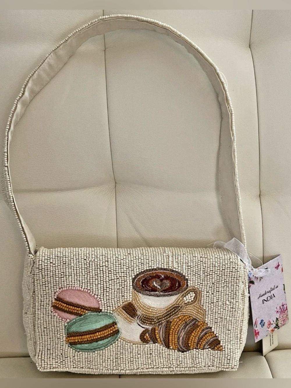 Handcrafted in India Coffee Pastry Macarons Beaded Shoulder Bag
Cream Embroidery